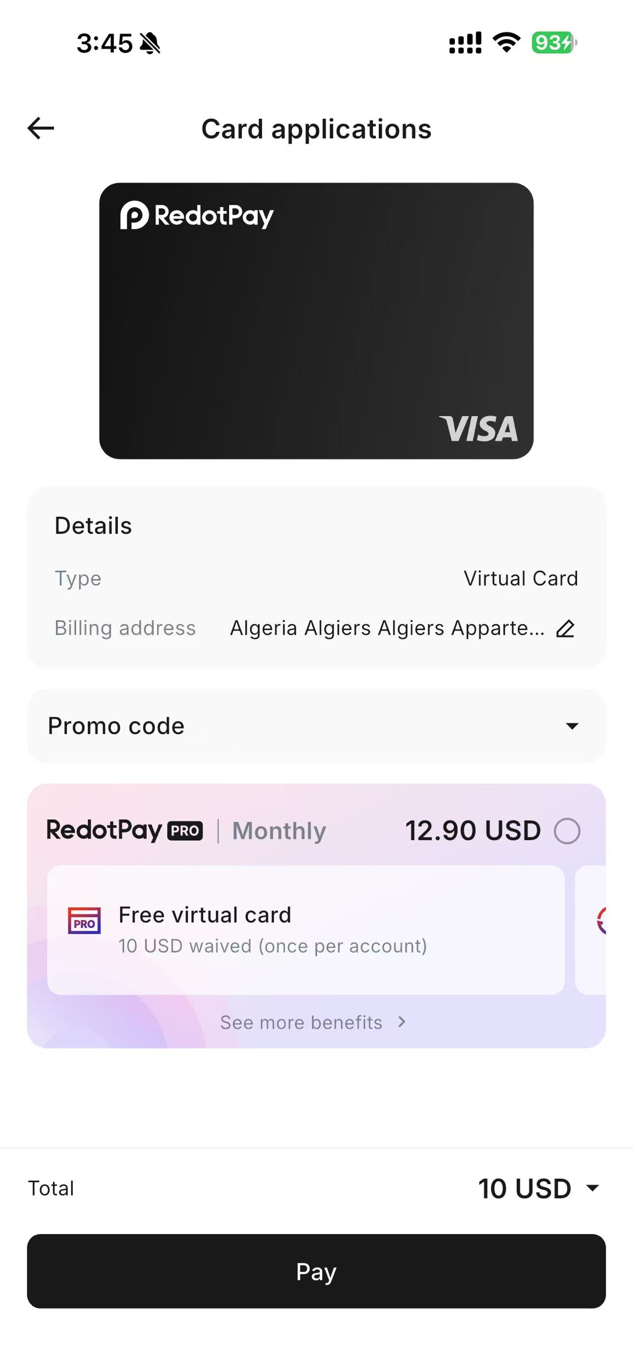 RedotPay card application screen showing virtual card selection and checkout total
