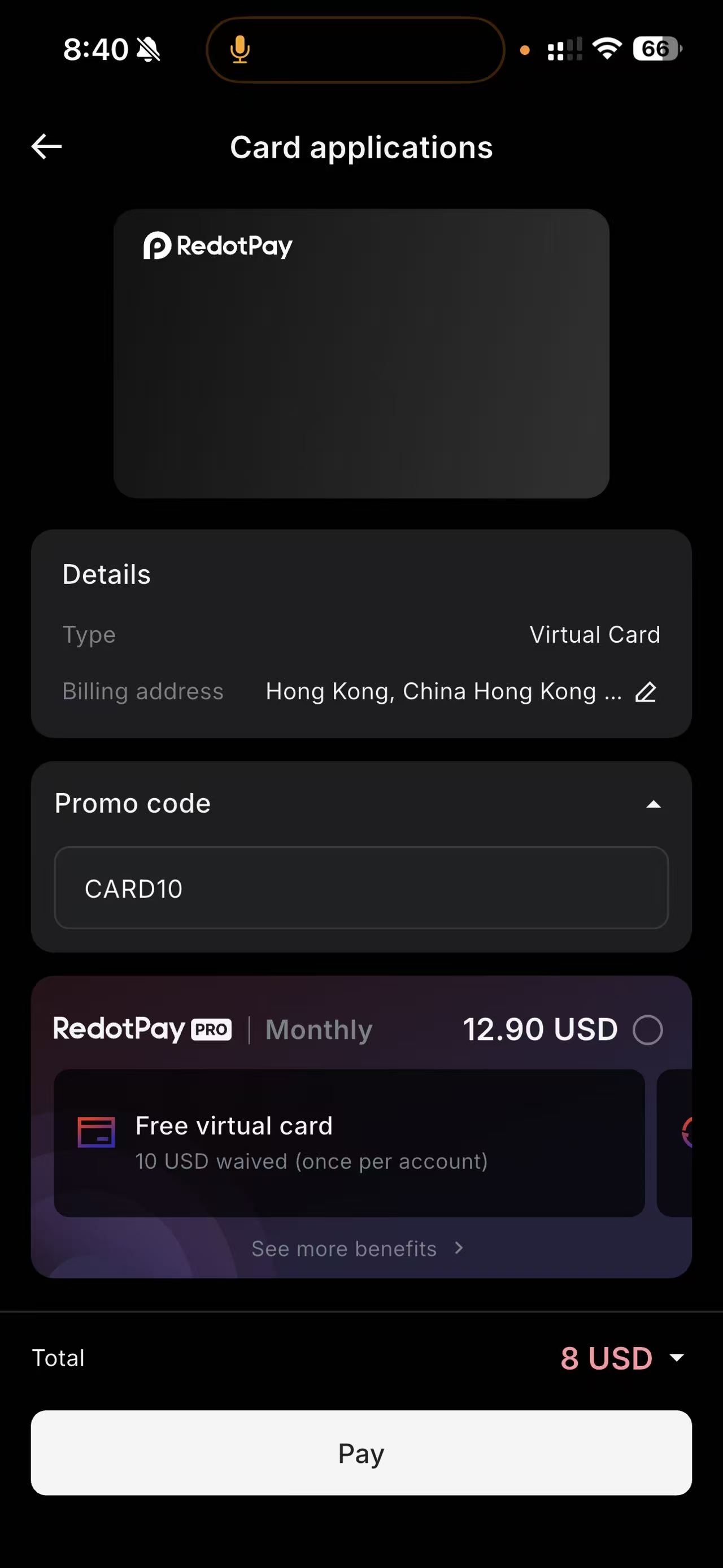 Promo code CARD10 field and RedotPay Pro monthly subscription option in the app