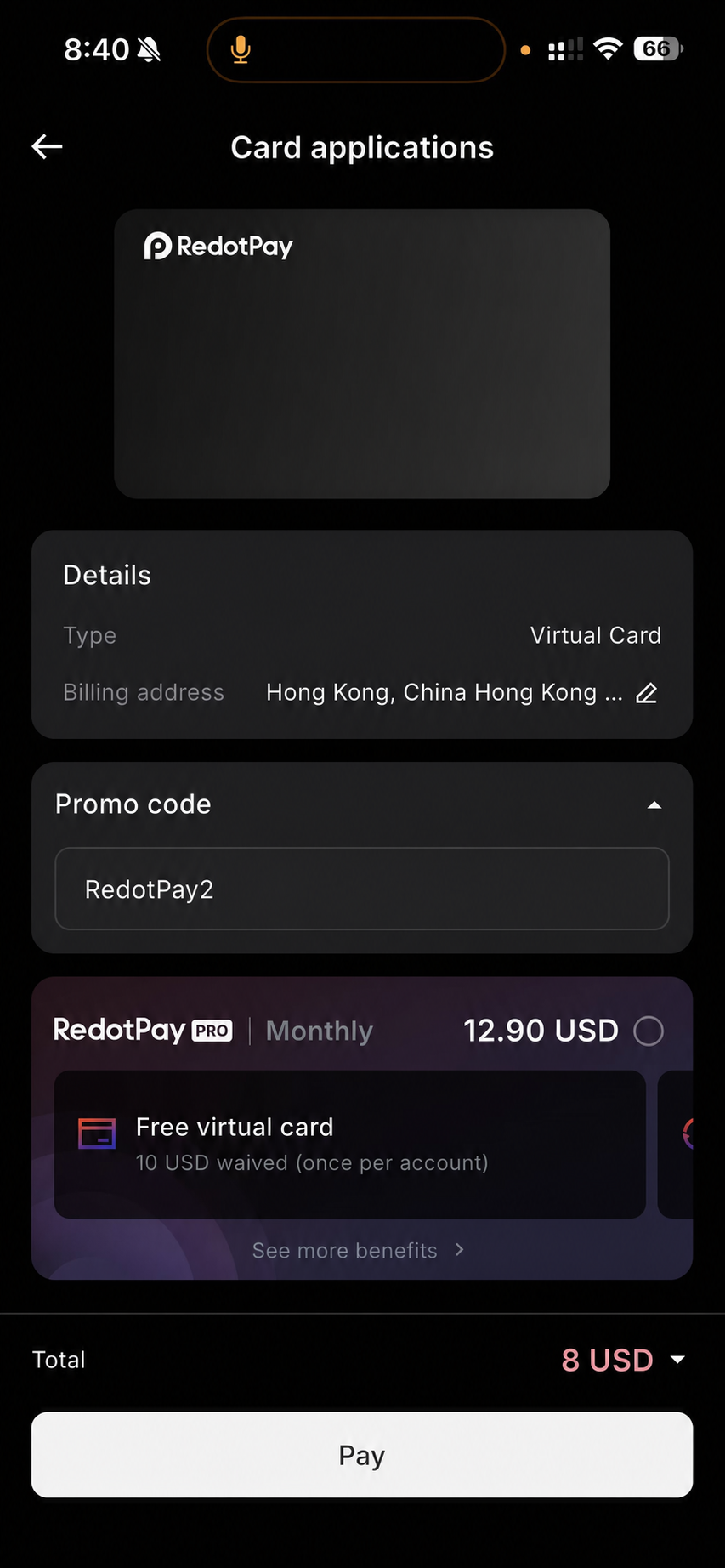 لقطة من تطبيق RedotPay تعرض RedotPay2 promo code وخيار RedotPay Pro monthly subscription
